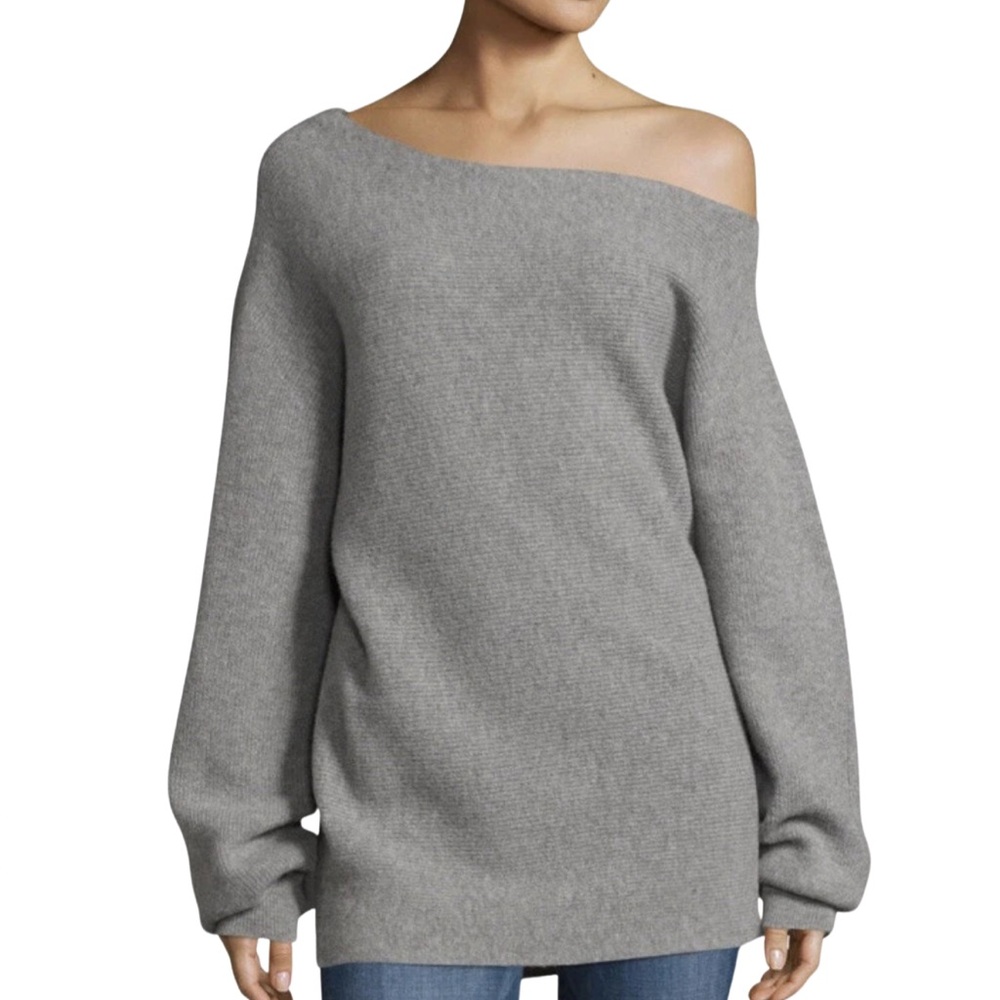 THEORY Gray Ribbed Merino Wool One-Shoulder Asymmetric Sweater Fall 2025